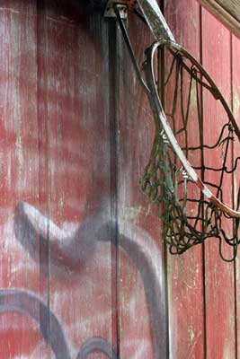 Series Title: Abstracts of the Broken and Used.</br></br> Series Info: I am fasinated with objects that have been thrown away or left to rot. I often find stories, personality traits, and feelings in each unquie setting. </br></br> Image Title: Safety Net </br> </br>Details: A broken basketball hoop and a graffitied barn.